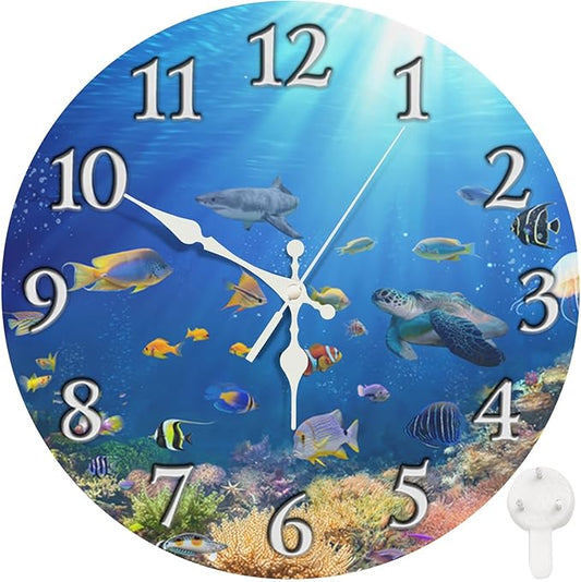 Britimes Round Wall Clock Silent Non-Ticking Battery Operated Clock 10 Inch, Underwater Coral Reef Tropical Fish Home Decor for Living Room, Bathroom, Bedroom, Kitchen, Office and School