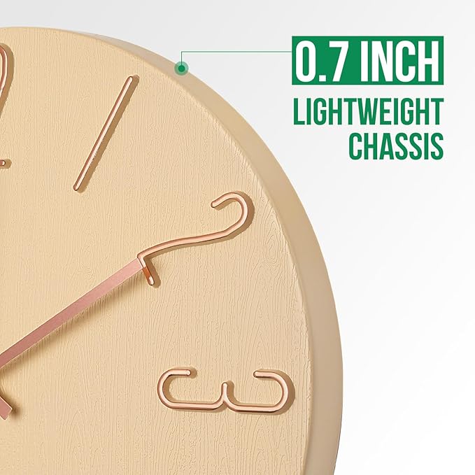 Wall Clock 12 Inch Silent Non-Ticking Imitation Wood Indoor Clock Round Beige Decor Clock Modern 3D Figures Quartz Wall Clocks for Home, Hotel, Office, School