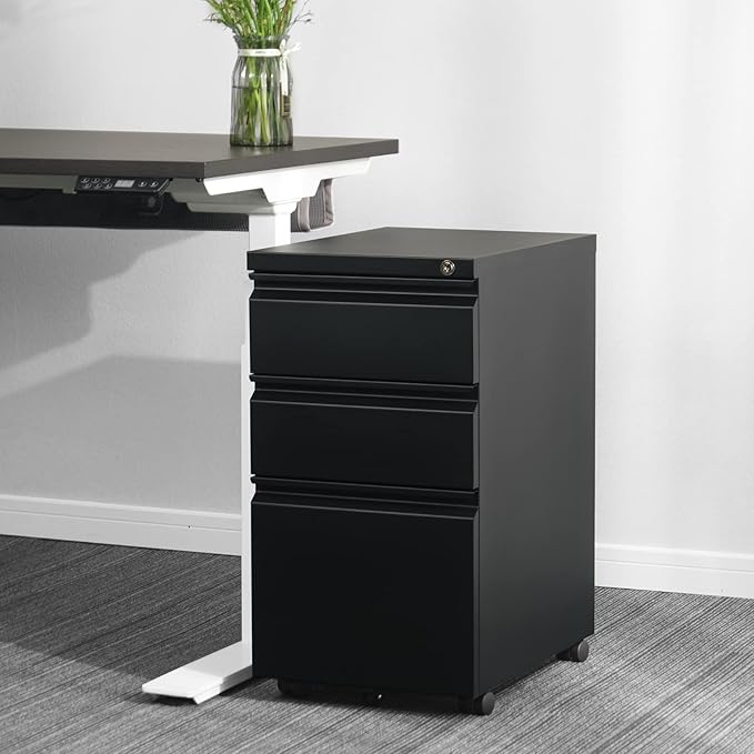 3-Drawer 15.4" W Classic File Cabinet with Lock, Metal Filling Cabinets Suits Legal/Letter Size for Home Office, Fully Assembled Except Wheels, Grey (3-Drawer Widen, Black)