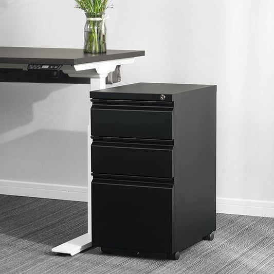 3-Drawer 15.4" W Classic File Cabinet with Lock, Metal Filling Cabinets Suits Legal/Letter Size for Home Office, Fully Assembled Except Wheels, Grey (3-Drawer Widen, Black)