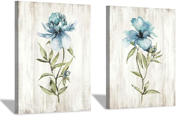 Flower Painting Canvas Wall Art: Blue Botanical Floral Artwork Wildflower Picture Print for Living Room (12'' x 16'' x 2 Panels)