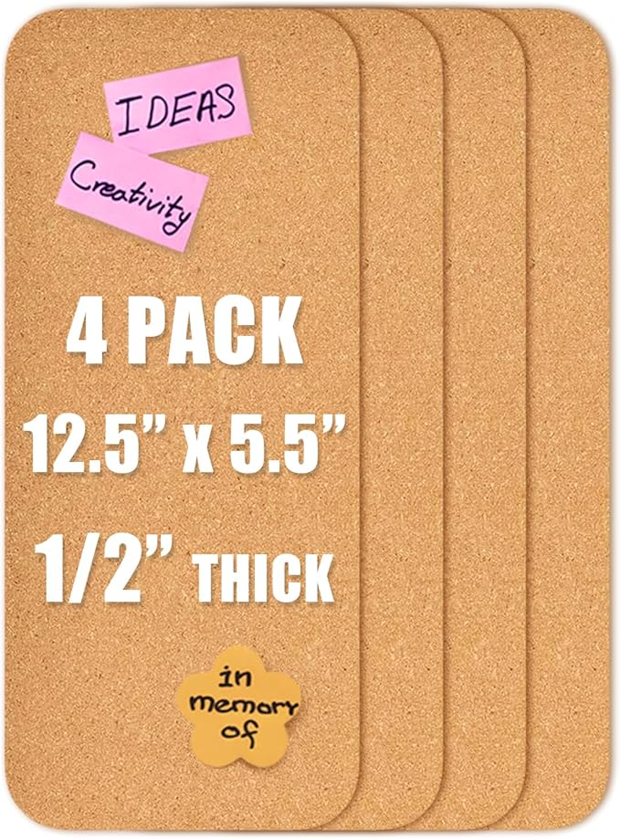 4 PCS 12.5"*5.5" Self-Adhesive Cork Board, 1/2"(12mm) Thick Cork Boards for Walls, 1 Pack 12.5"*5.5" Bulletin Board, Cork Board Tiles for Office, Home, School (4PC)