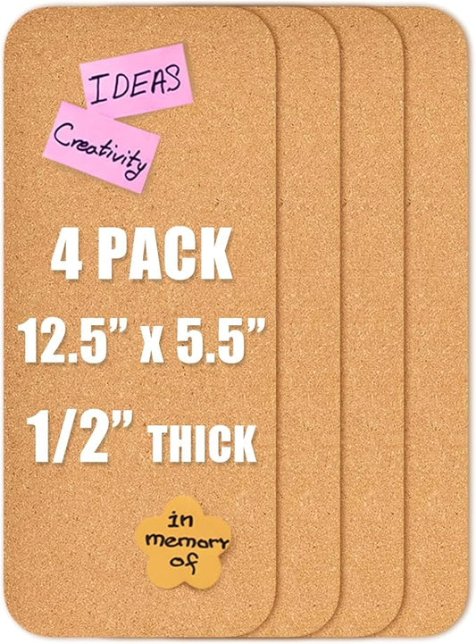 4 PCS 12.5"*5.5" Self-Adhesive Cork Board, 1/2"(12mm) Thick Cork Boards for Walls, 1 Pack 12.5"*5.5" Bulletin Board, Cork Board Tiles for Office, Home, School (4PC)