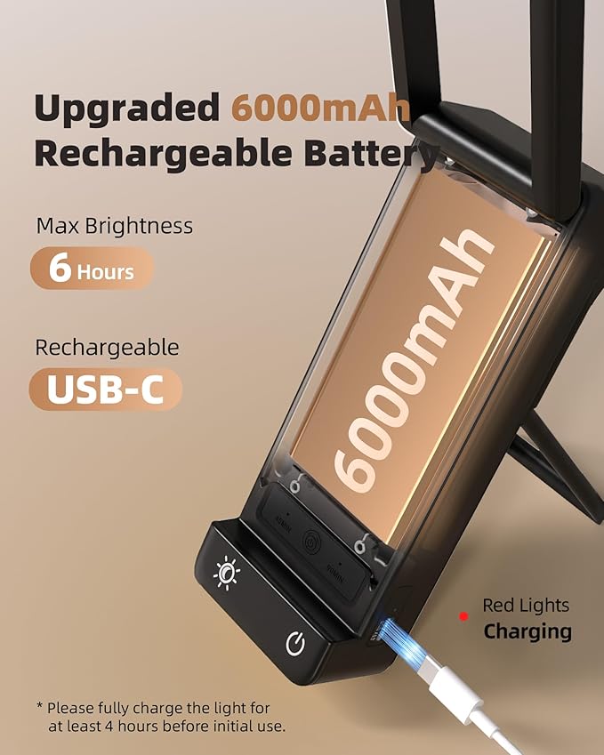 EZVALO LED Rechargeable Desk Lamp, 6000mAh Battery Operated Light, Cordless Table Lamp for Book Reading, Foldable Mini Lamps & Portable, 3 Color Dimmable Small Wireless Reading Lamp, Black