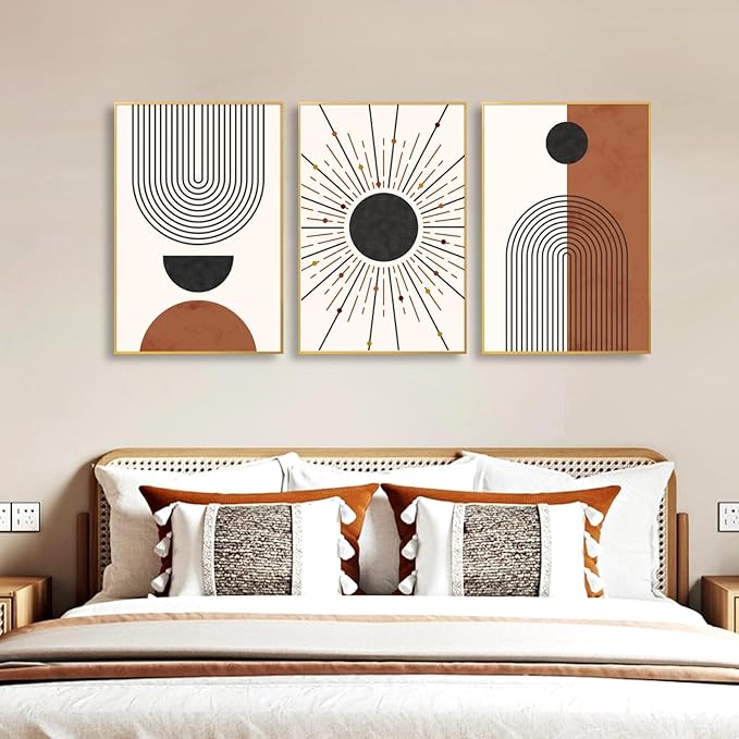 Minimalist Boho Framed Canvas Wall Art Set, Neutral Geometric Line Sun Wall Decor, Mid Century Wall Painting, Abstract Modern Bohemian Art Print for Living Room, Bedroom, Office -16"x24"x3