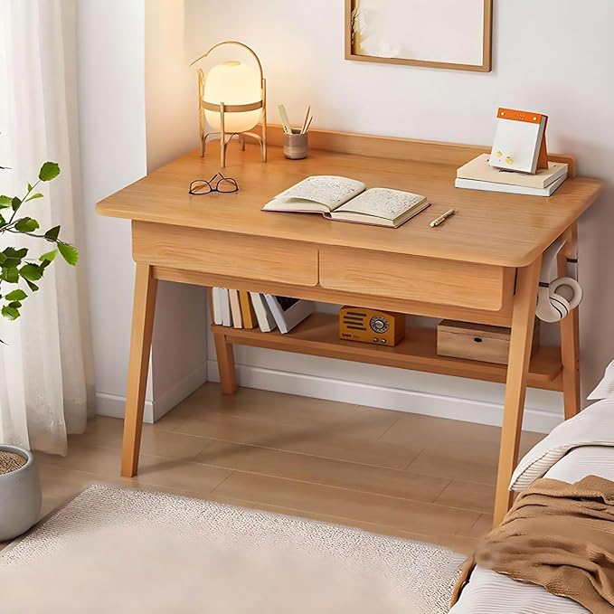 Home Office Writing Desk with Drawers, Modern Wood Table with Storage Shelves & Hooks, Computer Workstation Study Desk Writing Table Simple Zero Assembly Without Chair(39inch/100cm, Natural)