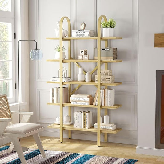 Wide Bookshelf Arched Bookcase, Industrial 5 Tier Open Book Shelves with Metal Frame, 72" Tall Freestanding Heavy Duty Display Rack for Home Office, Living Room,Nature Wood & Gold,Easy Assembly