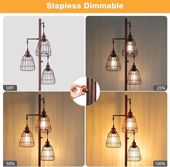 Farmhouse 70'' Dimmable Floor Lamp for Living Room Oil Rubbed Bronze 3-Light Tall Lamp with Bird Caged Lampshade Bedroom Floor Tree Standing Lamp (3xLED Bulb Included) - 315603ORB