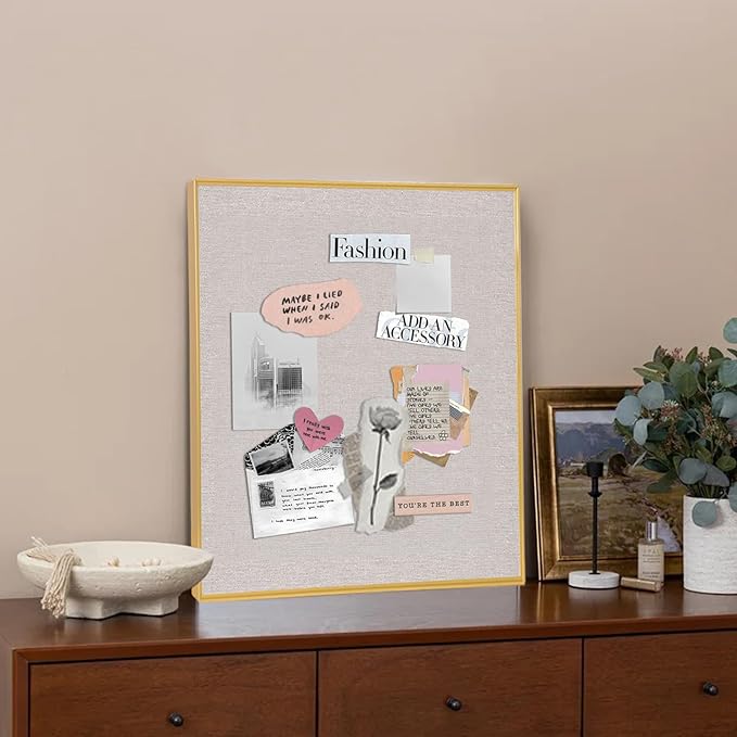 Bulletin Board with Golden Aluminum Frame, Oatmeal White Fabric Cork Board for Walls, 17 x 13 inches Pin Board with Push Pins for Office Home(G-AL,Fabric,4333)