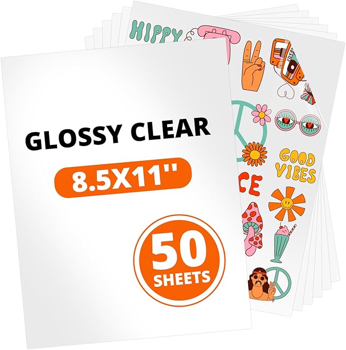 HTVRONT Sublimation Sticker Paper - 50 Pcs Glossy Transparent Waterproof Sublimation Stickers 8.5 * 11in for Decoration