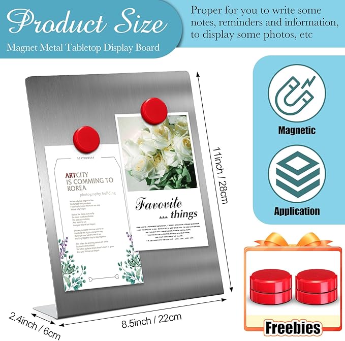 Fainne Silver 2 Pcs Magnetic Bulletin Board with Easel Stand 11 x 8.5 x 2.4 Inches Mini Magnet Metal Tabletop Memo Display Board for Back to School Menu Table Office Supplies