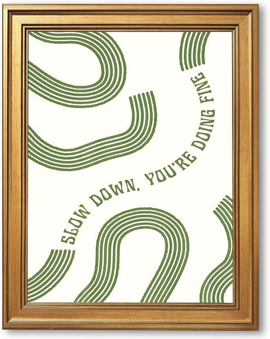 Slow Down You’re Doing Fine Wall Art Retro Minimalist Motivational Quote Music Poster Inspirational Midcentury Song Lyrics Sage Green Canvas Prints for Bedroom Home Decor 12x16inch Vintage Framed