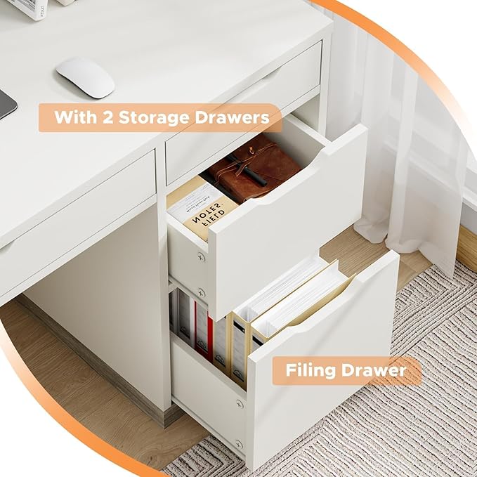 White Desk with Drawers, 48 Inch Small Computer Desk with 4 Storage Drawers for Small Space, Home Office Desk for Bedroom with Storage File Drawer