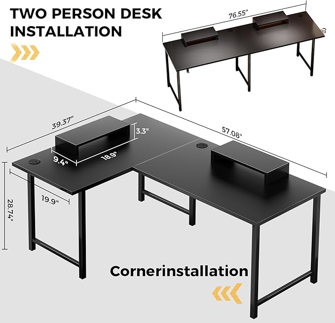 COMHOMA 57" L Shaped Desk with 2 Monitor Stand, Reversible Computer Desk Corner Desks Gaming Desk PC Table, Large Work Workstation for Gaming Writing Study, Black