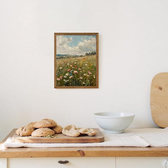 AVECCO Vintage Peaceful Wildflower Canvas Wall Art, Nature Floral Artwork Landscape Wall Decor, Colorfu Botanical Art Prints for Bedroom Living Room Office Home Decoration 8x10 Inches Wood Framed