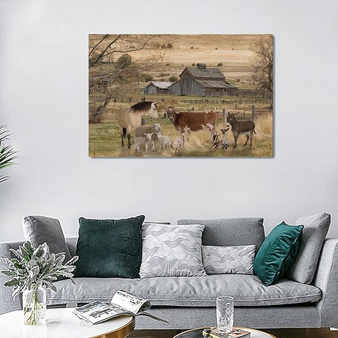 yerretin Farm Animal Wall Art Country Old Barn Pictures Wall Decor Rustic Canvas Print Farmhouse Landscape Painting Modern Home Artwork for Living Room Bedroom Bathroom Office Framed, 24"x16"