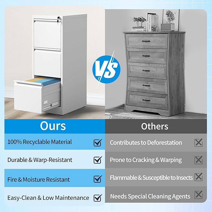 3 Drawer File Cabinet, Metal Vertical Filing Cabinet for Home Office, Locking Steel Easy Assemble 18" D File Cabinets for Legal/Letter/A4/F4 (White)