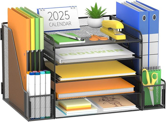 SUPEASY 5-Tier Mesh Desk Organizer with File Holder & Bookends, Metal Paper Letter Tray Organizer with 2 Pen Cups, Large-Capacity Desktop File Sorter for Home Office/School, Black