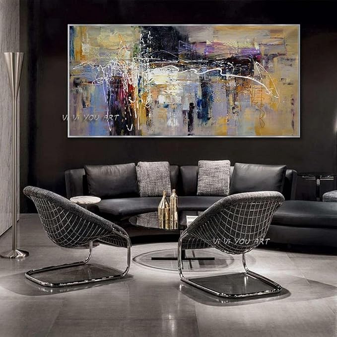 ZMFBHFBH Contemporary Large Abstract Wall Art Hand Painted Oversize Painting On Canvas Panoramic Wide in Office Decoration 20x40cm(8x16in) with Frame