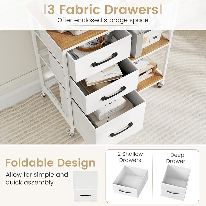 GOFLAME 3 Drawer Mobile File Cabinet with Charging Station, Rolling Printer Stand with Open Storage Shelves, Wooden Storage Cabinet on Wheels for Home Office (Natural and White)