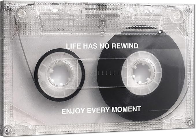 Cassette Music Wall Art with Life Has No Rewind Enjoy Every Moment Motivation Words,Inspirational Vintage Framed Art Posters Stretched and Framed Ready to Hang-24"X36"