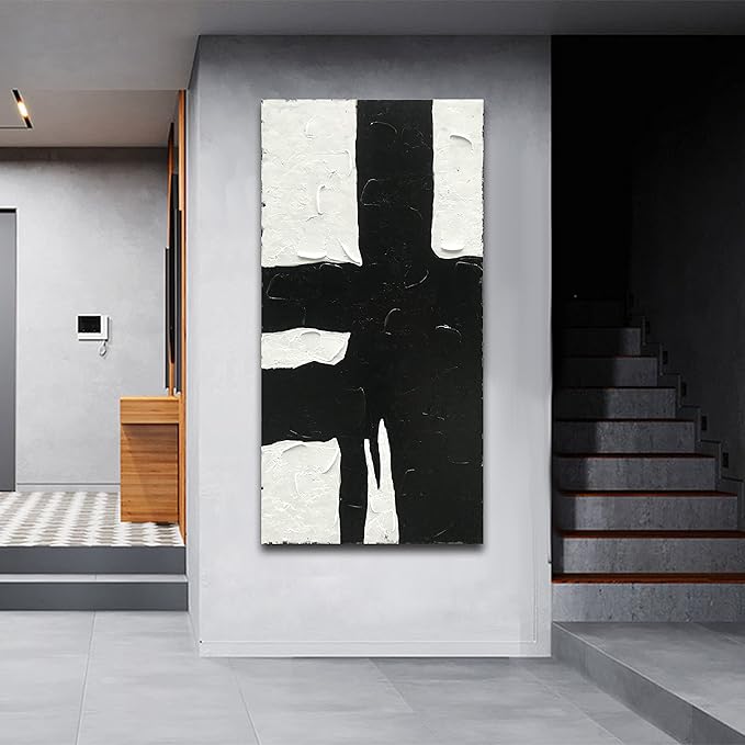 NANKAI Art Minimalist black and white oil painting is suitable for large abstract wall decorations in modern living rooms. 48x24 inches. Modern oil painting art