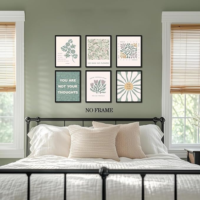 Sage Green Floral Canvas Wall Art Poster Set of 6, Motivational Mental Health Pictures Wall Decor, Inspirational Quotes Botanical Paintings Prints for Therapy Office Living Room Home 12x16in Unframed