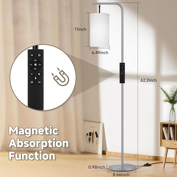 Floor Lamp for Living Room, 9W LED Bulb, Remote Custom Color Temperature & Brightness, Tall Standing Lamps for Bedroom Office, Grey