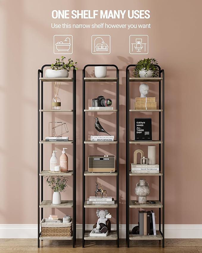 Bookcase Bookshelf, Narrow Book Shelf, Industrial Corner Shelf Storage Organizer, Slim Shelving Unit for Home Office, Living Room, Bedroom, Kitchen, 6-Tier Greige and Black BC24605B