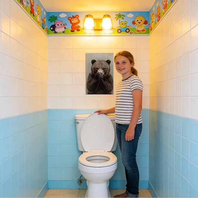 YOUHONG Funny Bear Bathroom Decor with Wooden Frame, Lightweight Bathroom Bear Holding Nose Wall Art Humor Animals Painting for Restroom Toilet,Funny Animals Posters Ready to Hang 12x18 Inches