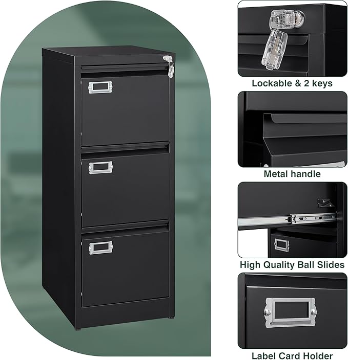 STANI Metal Vertical File Cabinet with Lock，Narrow Filing Cabinets Hanging Files Letter/Legal/A4 Size, Metal Storage Cabinet for Home Office, Assembly Required (Black, 3-Drawer)