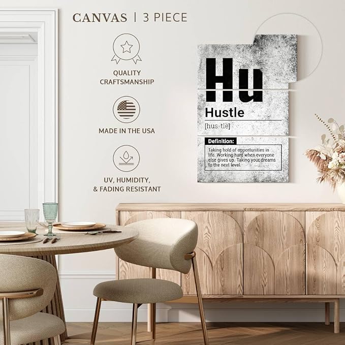 Elephant Stock - Hustle Definition Grunge Wall Art - Vertical Multi Panel Canvas - 3 Piece Living Room Wall Decor - Digital Art Inspirational And Typography Multi Piece Wall Art - Black And Gray Decor - 36" x 57"