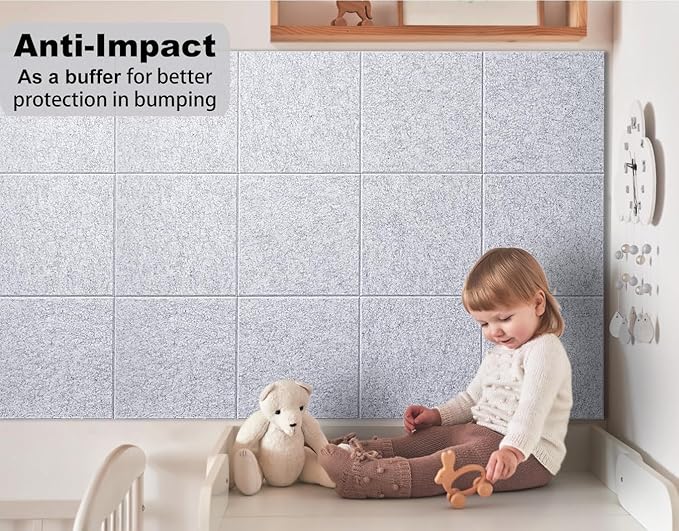 Felt Wall Tiles Bulletin Board Large Cork Board Alternative 6 Pack 11.81”x11.81”x0.47” Felt Pin Board Tack Board with Safe Removable Adhesive Tabs for Home Office School 36x24 (Silver Grey)