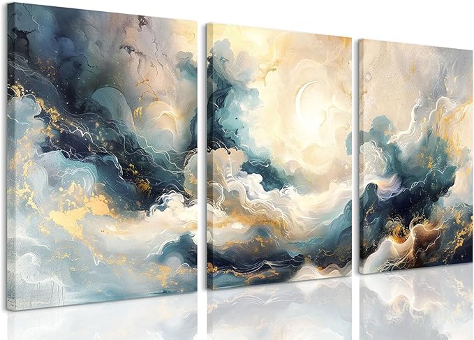 LYPHNX Framed Blue Abstract Fantasy Canvas Wall Art Minimalism Ink Painting Poster Set of 3 Modern ArtWork Navy Blue Gold Marble Prints Pictuer Wall Decor for Living room Bedroom Office Hotel 12"x16"