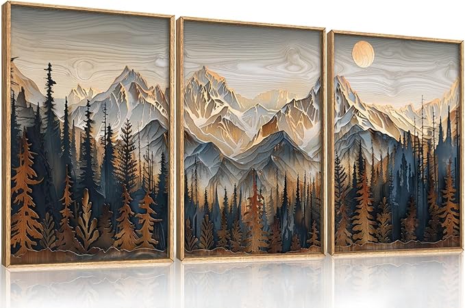 Wood Mountain Framed Canvas Wall Art Set, Pine Trees Wall Painting, Ridge Scenery Wall Decor, Natural Sun Landscape Art Print for Living Room, Bedroom, Dining Room, Office - 12"x16"x3