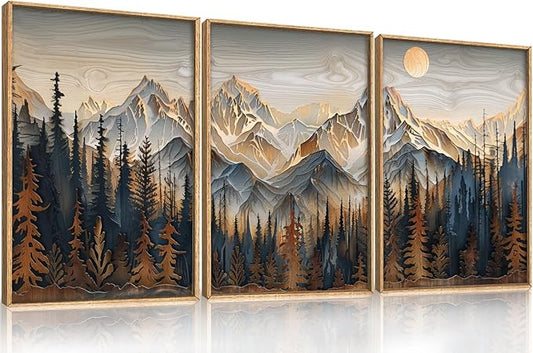 Wood Mountain Framed Canvas Wall Art Set, Pine Trees Wall Painting, Ridge Scenery Wall Decor, Natural Sun Landscape Art Print for Living Room, Bedroom, Dining Room, Office - 12"x16"x3