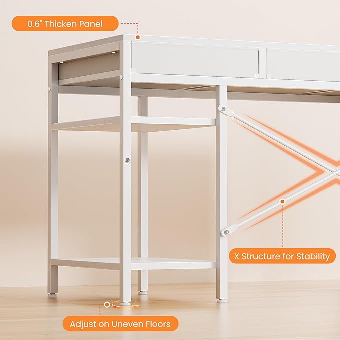 Sweetcrispy 55" Computer Desk with 6 Drawers, Home Office Gaming Desks with Storage Shelves for Bedroom, Writing Study Corner Living Room Work Table White