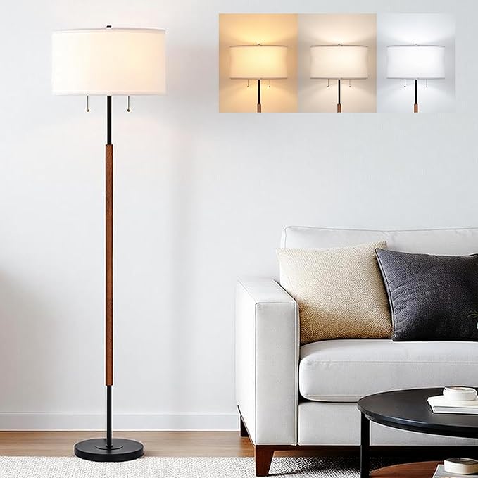 BTP Modern Floor Lamp for Living Room, 2-Light Wood Standing Lamp with Dual Switch, Tall Reading Standing Light for Bedroom Office Dining Room Farmhouse, 3 Color Temperatures 9W Bulbs*2 Included