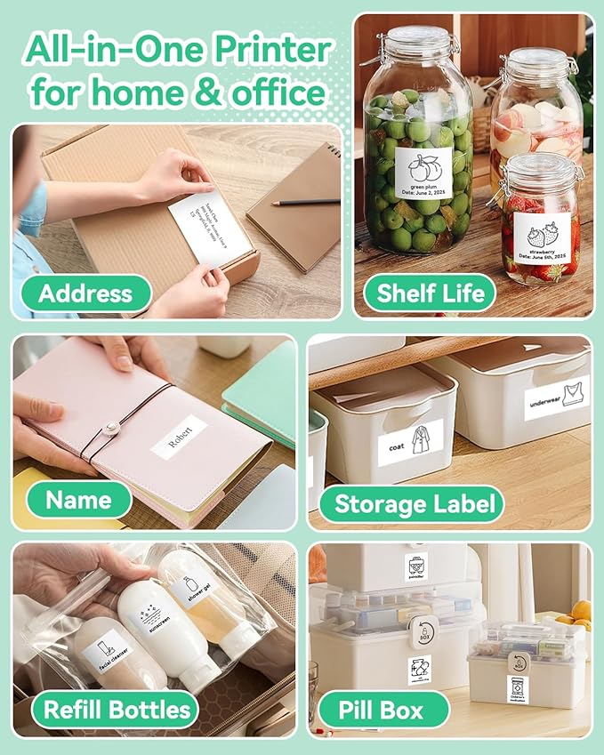 Aptika Mini Printer - Portable Sticker Maker with 14 Rolls Sticky Thermal Papers, Inkless Label Maker Machine for Study Anatomy Graphics Photos Address, Green