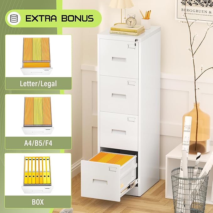 Oakcloud 4 Drawer File Cabinet for Home Office, Filing Cabinet with Lock, Metal Vertical File Storage Cabinet for A4/F4/Letter/Legal Size, Easy Assemble (15“-White)