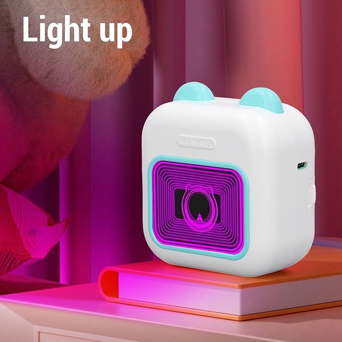 Thermal Label Printer, Mini Portable Inkless Printer with Bluetooth Connection & 7 Color Breathing Lights, Wireless Rechargeable Printing Devices for School Home Office