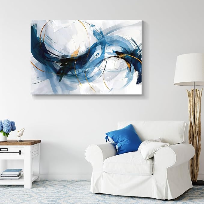 gaosoul Modern Abstract Canvas Wall Art Vibrant Blue Gold Lines Doodled on White Background Paintings Stylish Framed Minimalism Artwork Prints for Living Room Bedroom Office Decor 48x32in