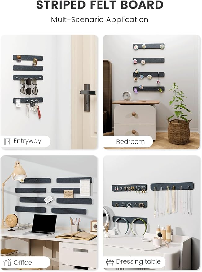 Fluxynara Cork Board Alternative Felt Strip Board 8-Pack 13"x2", Office Pin Board with 50 Push Pins, Adhesive Install for Bedroom Door & Home Office(Deep Charcoal Blue)