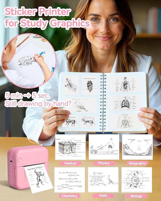 Aptika Sticker Printer - Mini Printer with 14 Rolls Self-Adhesive Papers, Pocket Label Maker for iPhone/Android, Bluetooth Thermal Machine for Students Children Birthday, Pink