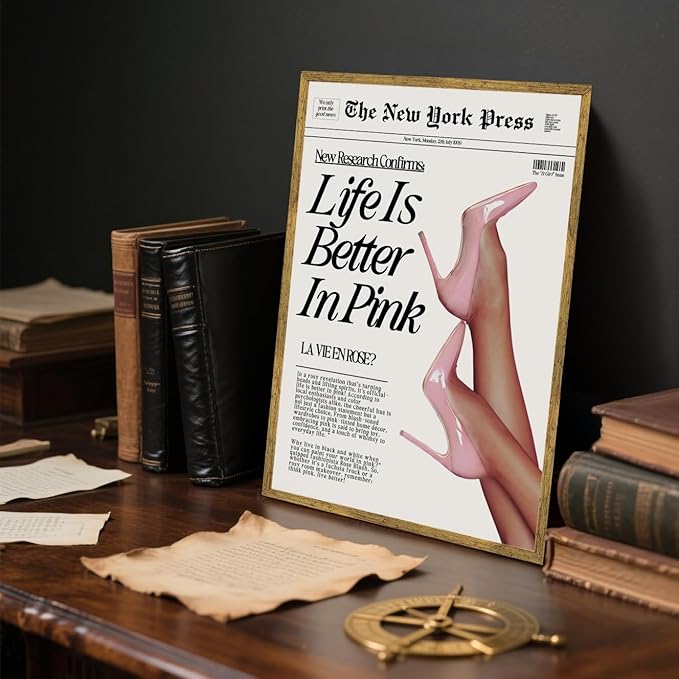 Trendy Baby Pink Hot Girl Poster Life Is Better In Pink Newspaper Wall Art Retro High Heel Picture 70s News Headline Canvas Prints Aesthetic Decor for Girly Bedroom Dorm 12x16inch Golden Framed