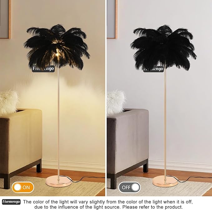 Feather Floor Lamp for Living Room, Fluffy Ostrich Feathers Lamp, Rose Gold Color Body, 3 Color Temperatures Modern Funky Arc Tall Standing Lamp for Bedroom Inclued Bright LED Bulbs (Black)