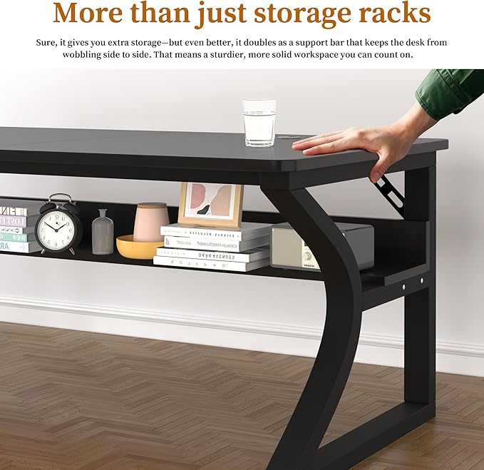 AZN Computer Desk, Computer Desk 55in, Office Desk w/Metal Frame & Storage, Office Desk for Study Writing Work Game, Home Office Desk Computer Desks w/Waterproof & Scratch-Resistant Surface, Black