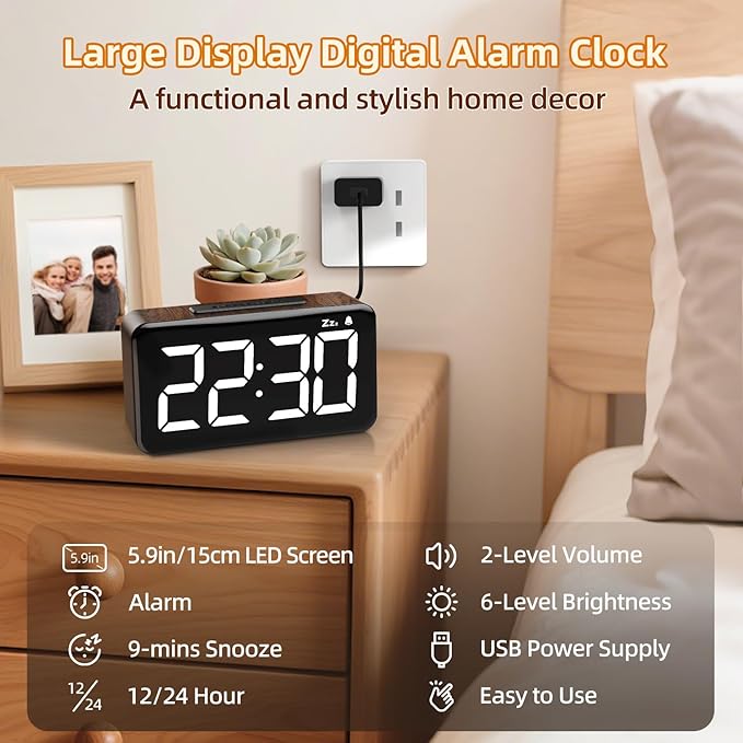 NOKLEAD Digital Alarm Clock: Wood Grain, 5.9-inch Large LED Display, Easy to Use for Seniors and Men, Adjustable Brightness, Aesthetic Room Decor Desk Clocks for Bedroom | Dorm | Living Room | Office