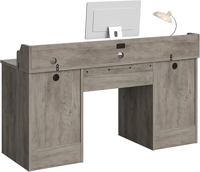 Bestier Farmhouse 59" Executive Desk with Drawers, Wood Computer Desk with Charging Station, Home Office Desk with Keyboard Tray & Monitor Stand, Sturdy Pedestal Desk for Work Study, Grey