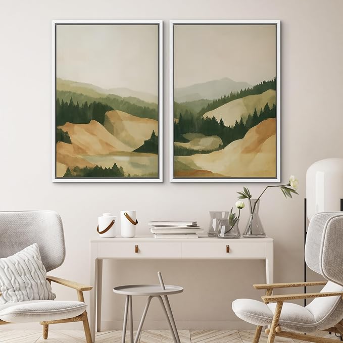 SIGNWIN Framed Canvas Print Wall Art Set Green and Beige Forest Hills Nature Mountain Landscape Illustrations Modern Art Decorative Multicolor for Living Room, Bedroom, Office - 24"x36"x2 White